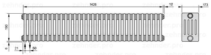 Схема (чертеж) Радиатор Zehnder Charleston 5019/31 №3370 Белый глянцевый RAL 9016